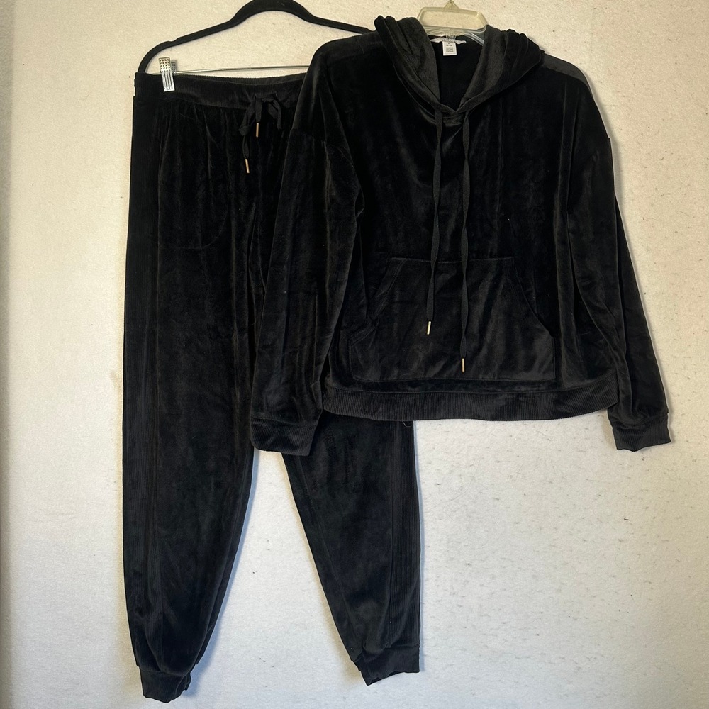 Sofia Vergara Intimates Black Velour Hoodie and Jogger Loungewear Set Medium